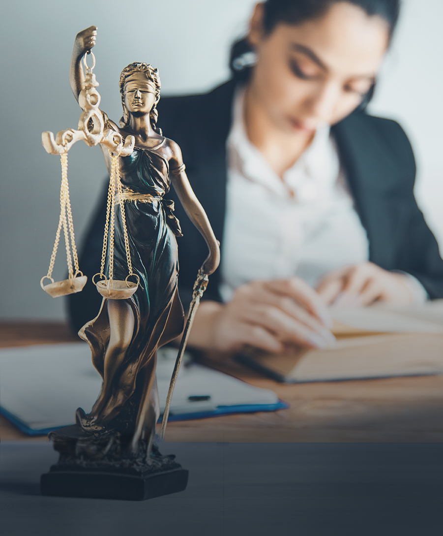 woman hand book with justice lady on desk